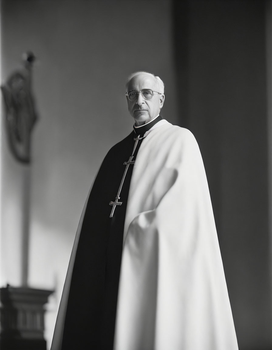 Clergyman in religious attire with pectoral cross, indoors.