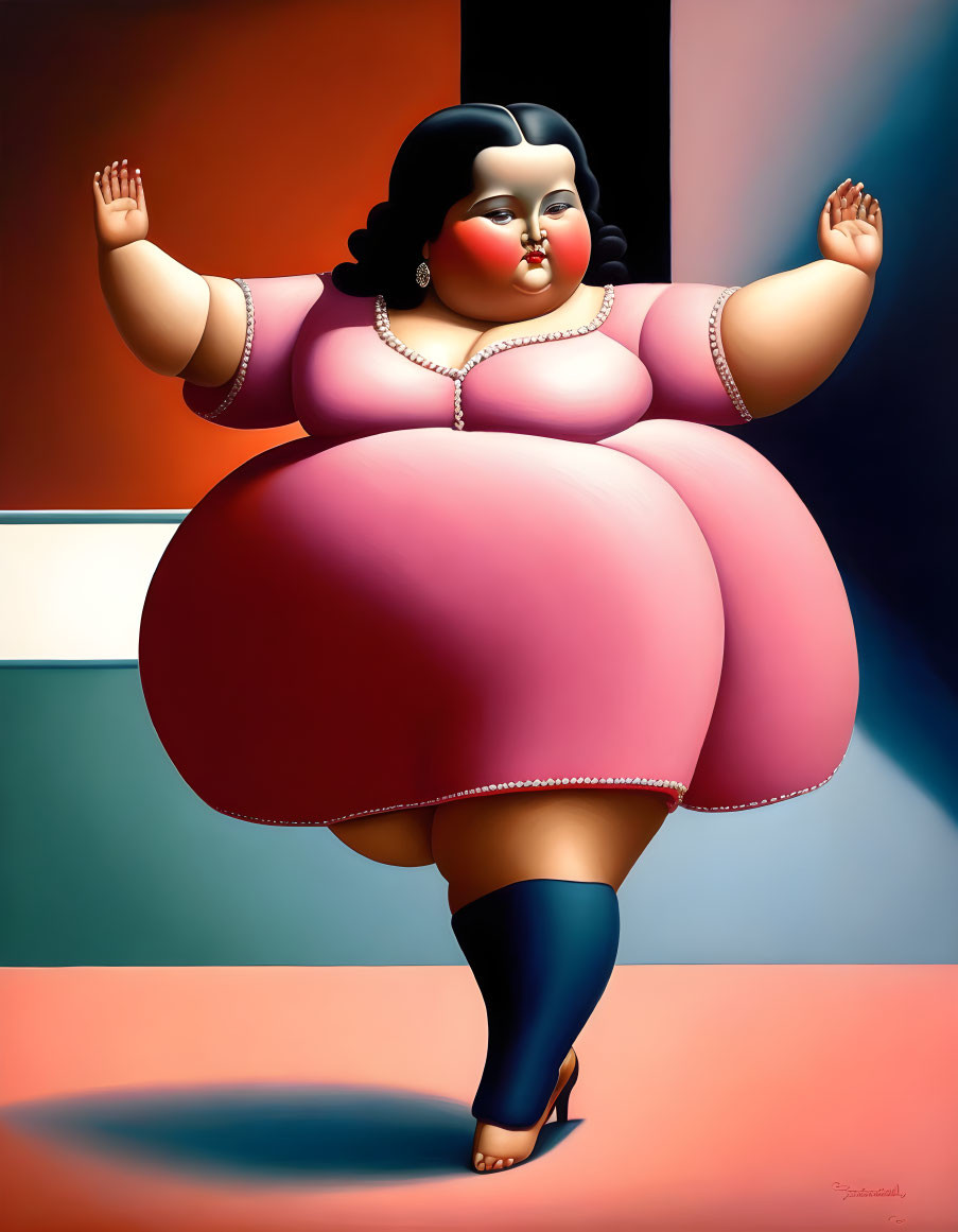 Stylized artwork of a voluptuous woman with raised arms, pink outfit, and vibrant background