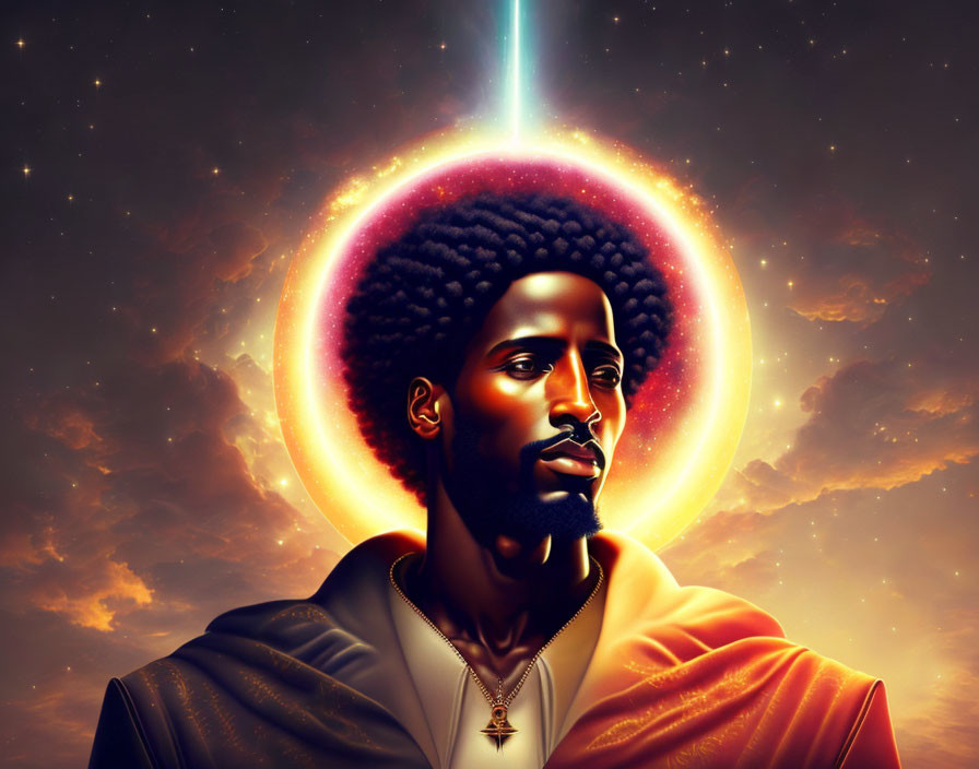 Man with Afro Halo in Cosmic Orange Sky Illustration