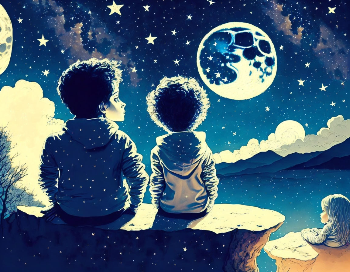 Children admiring starry sky on cliff with large moon.