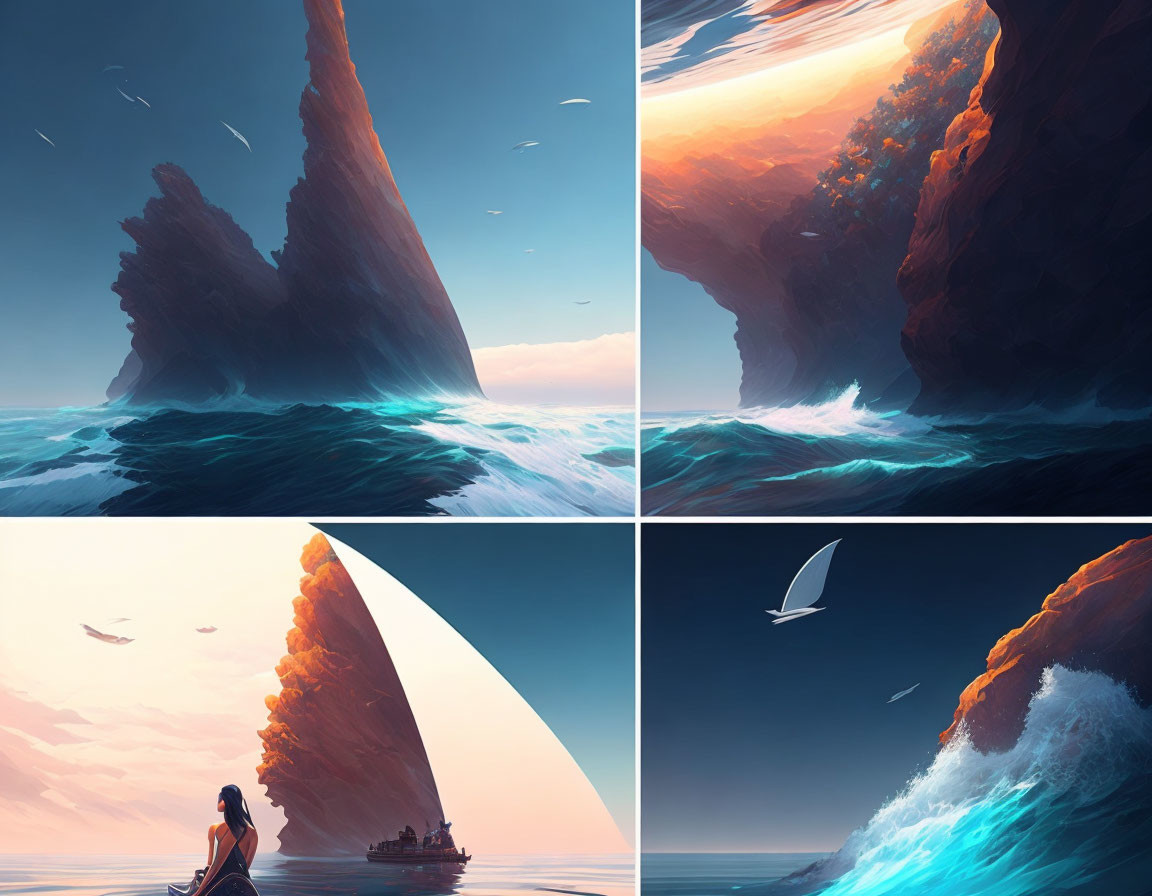 Stylized ocean scenes with rock formations, waves, boat, and person.