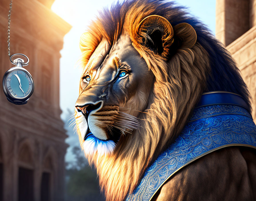 Majestic lion with human-like eyes in blue garment by classical building with swinging pocket watch