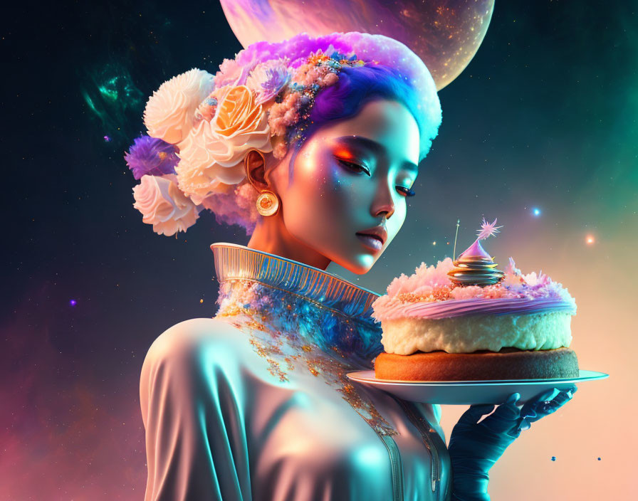 Colorful digital artwork: Woman with flowers holding cake in cosmic setting