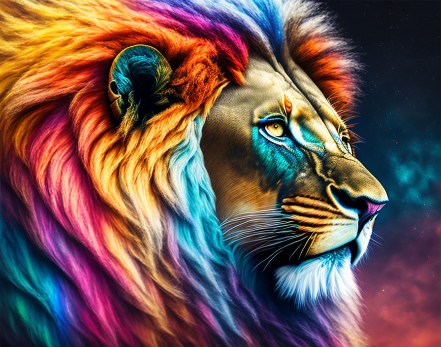 Colorful Lion Artwork with Cosmic Background