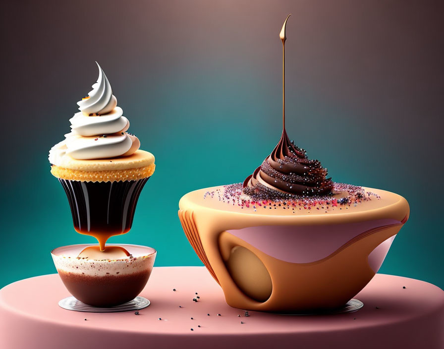 Exaggerated stylized cupcake, chocolate dessert, and beverage cup with white frosting and sprinkles