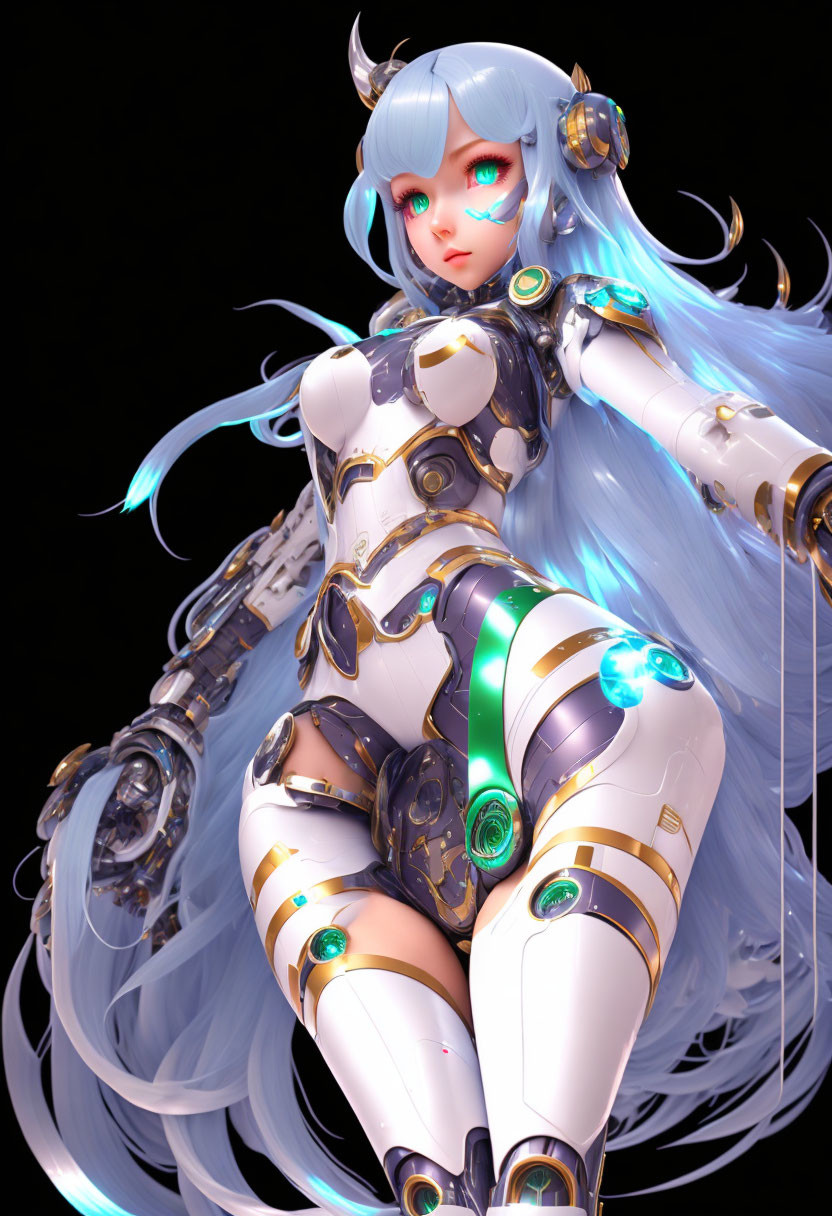 Blue-haired female character in futuristic white and gold armor with glowing green accents and intricate mechanical details