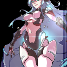 Blue-haired female character in futuristic white and gold armor with glowing green accents and intricate mechanical details