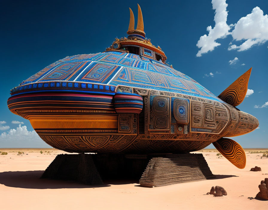 Ornate patterned spacecraft in desert sky