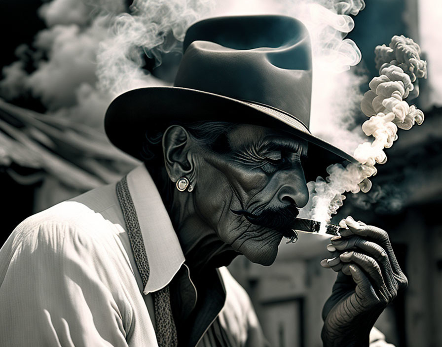 Elderly person in hat exhales cigar smoke with deep wrinkles.