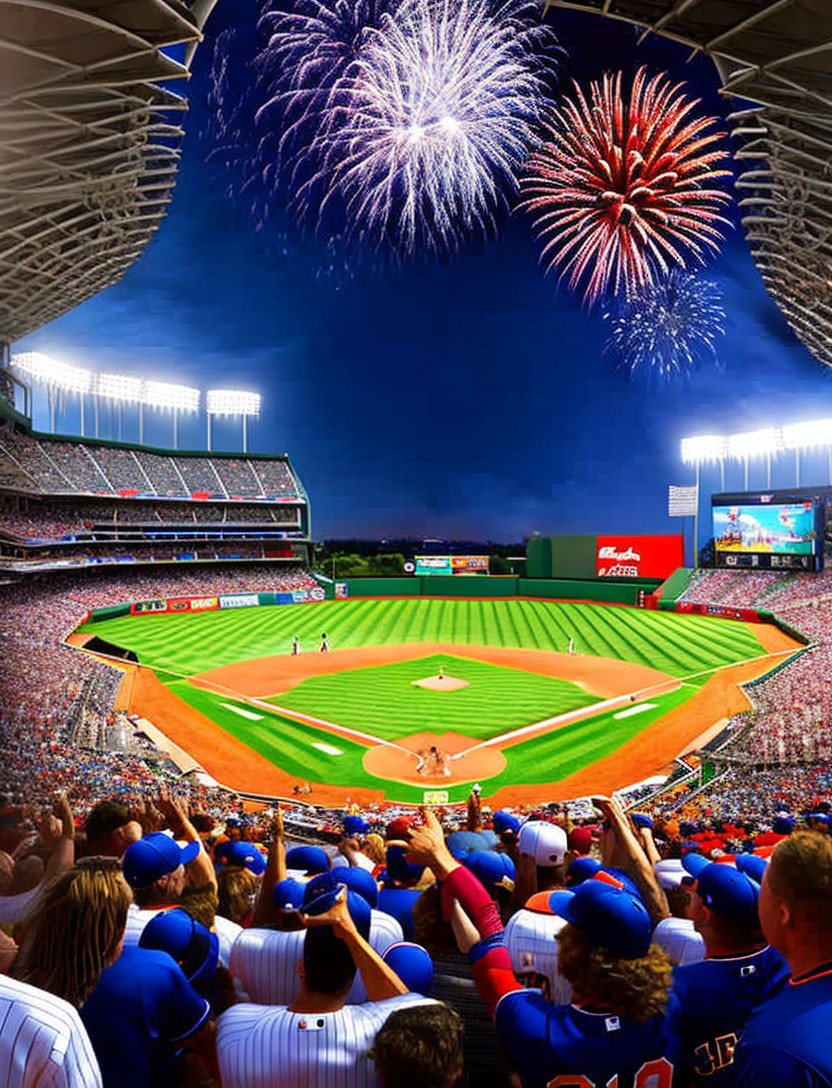 Packed Baseball Stadium at Dusk with Cheering Crowd & Fireworks