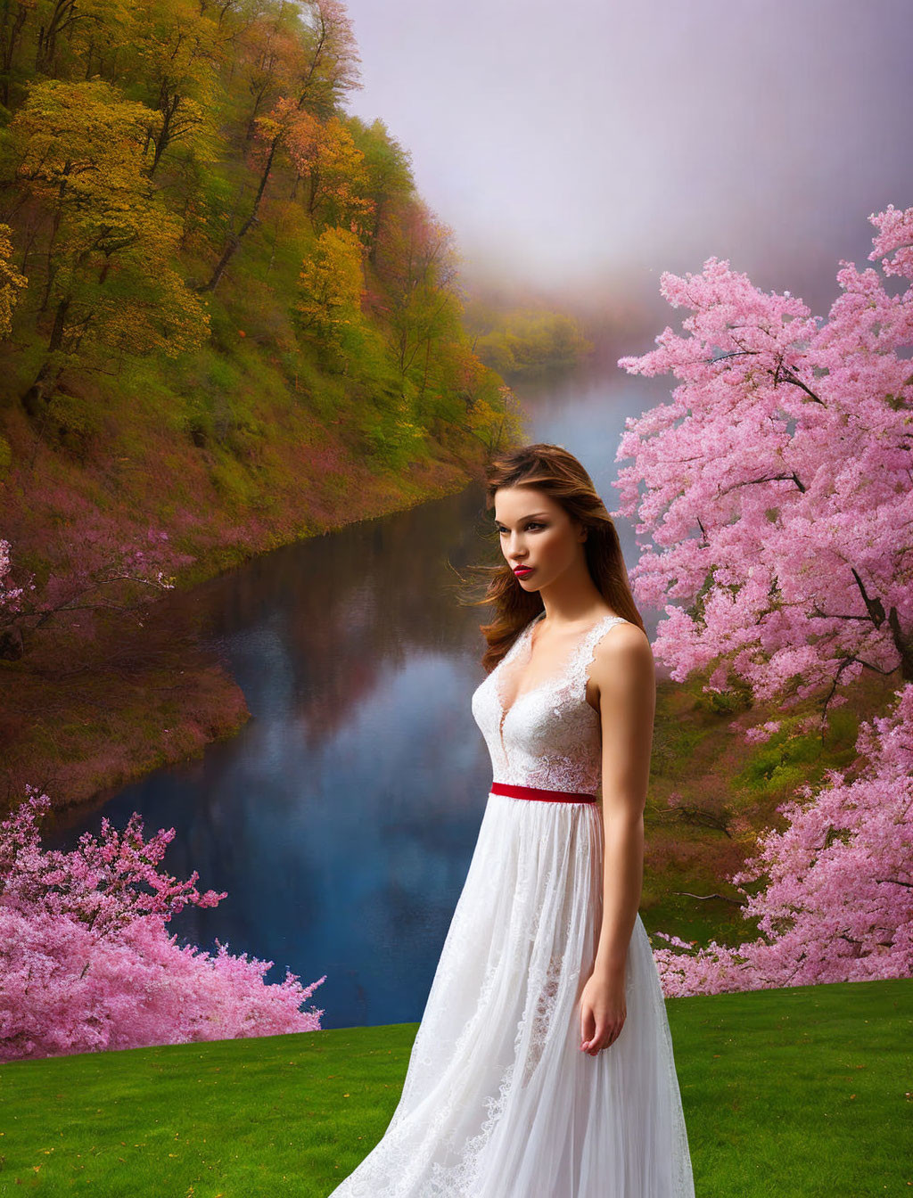 Woman in white dress with red belt in cherry blossom scenery.