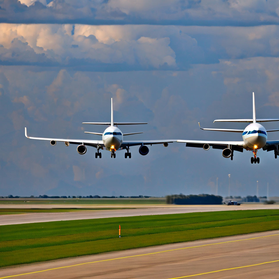 Two large commercial airplanes landing on parallel runways under cloudy sky