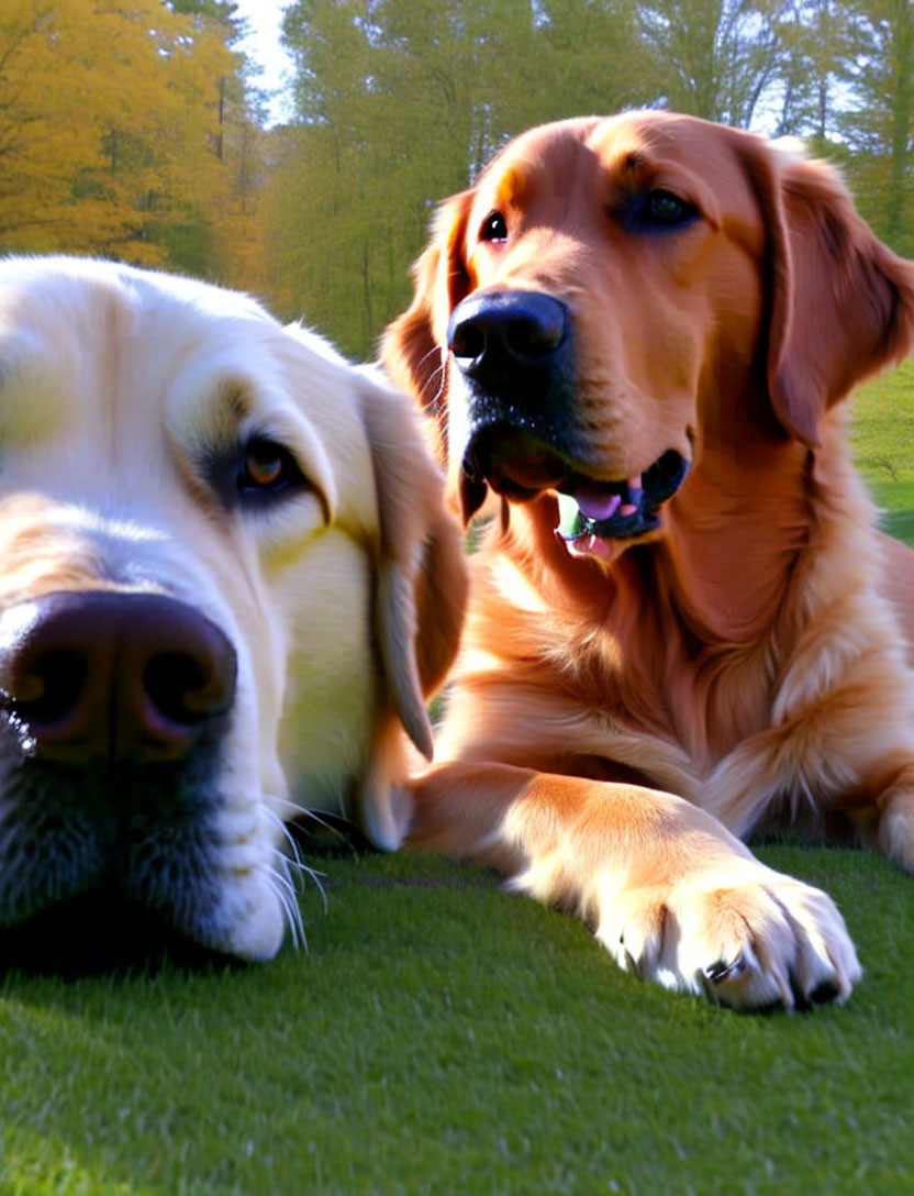 Two dogs resting on grass, one golden and one cream-colored, under sunlit trees