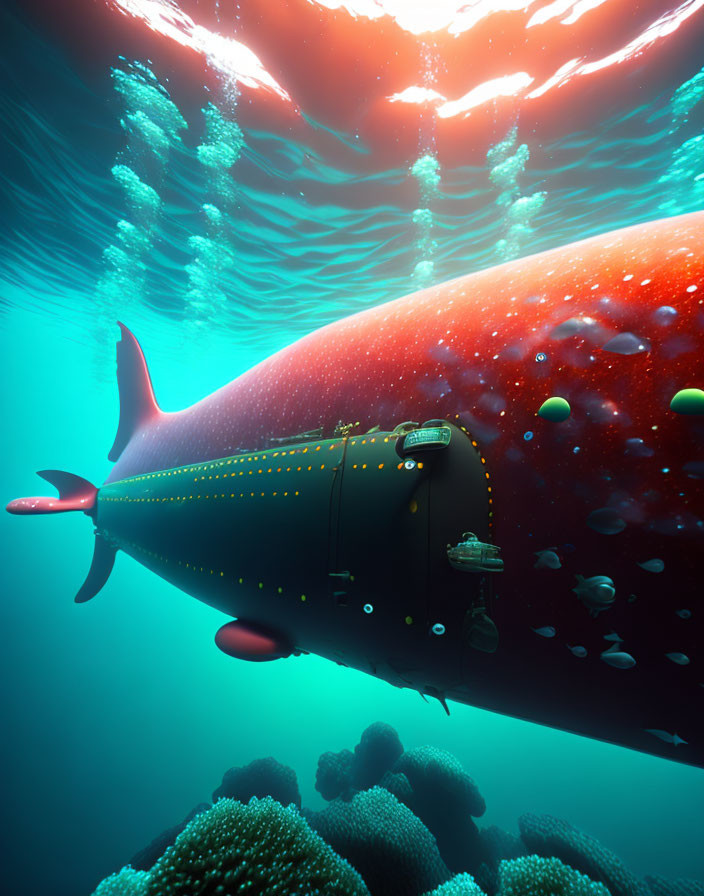 Futuristic whale-shaped submarine in luminous underwater scene