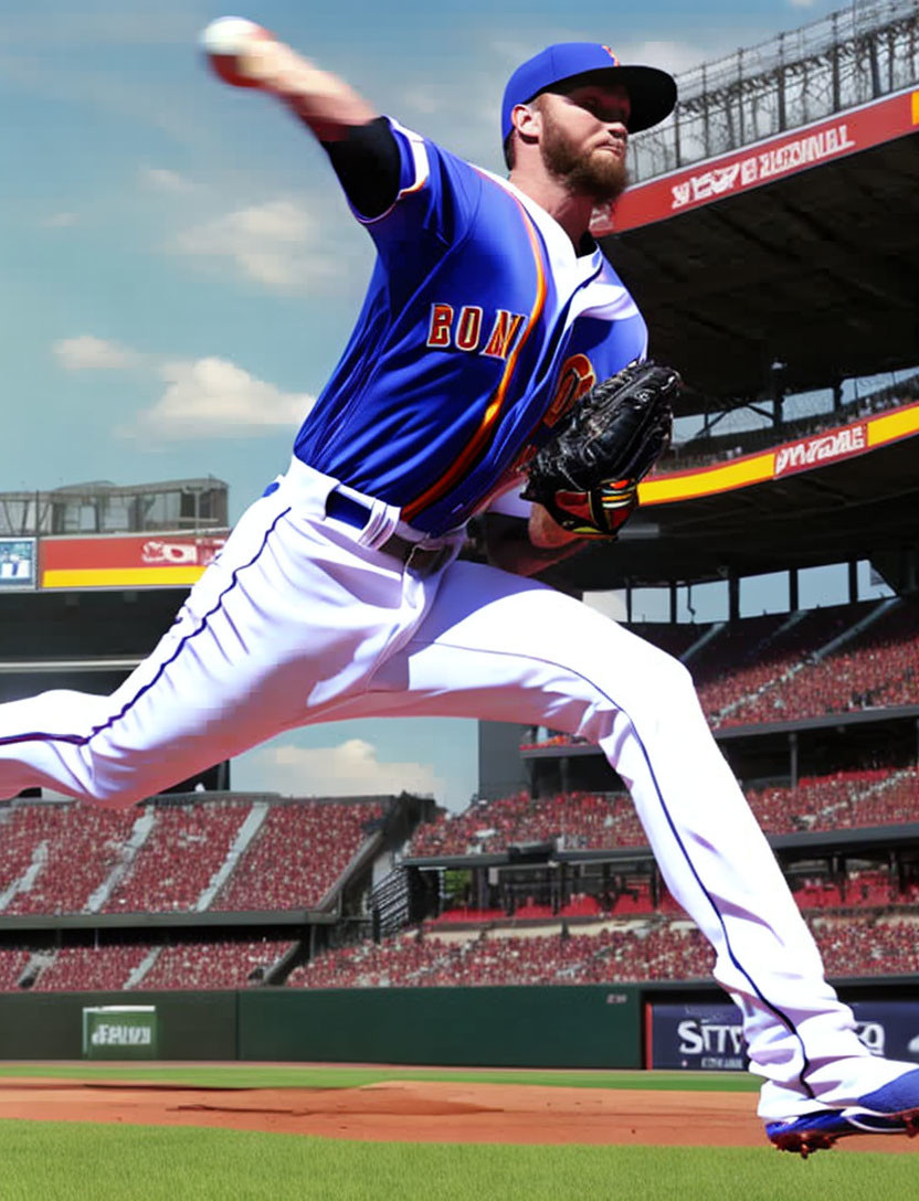 Baseball pitcher in blue and orange uniform mid-throw at sunny stadium