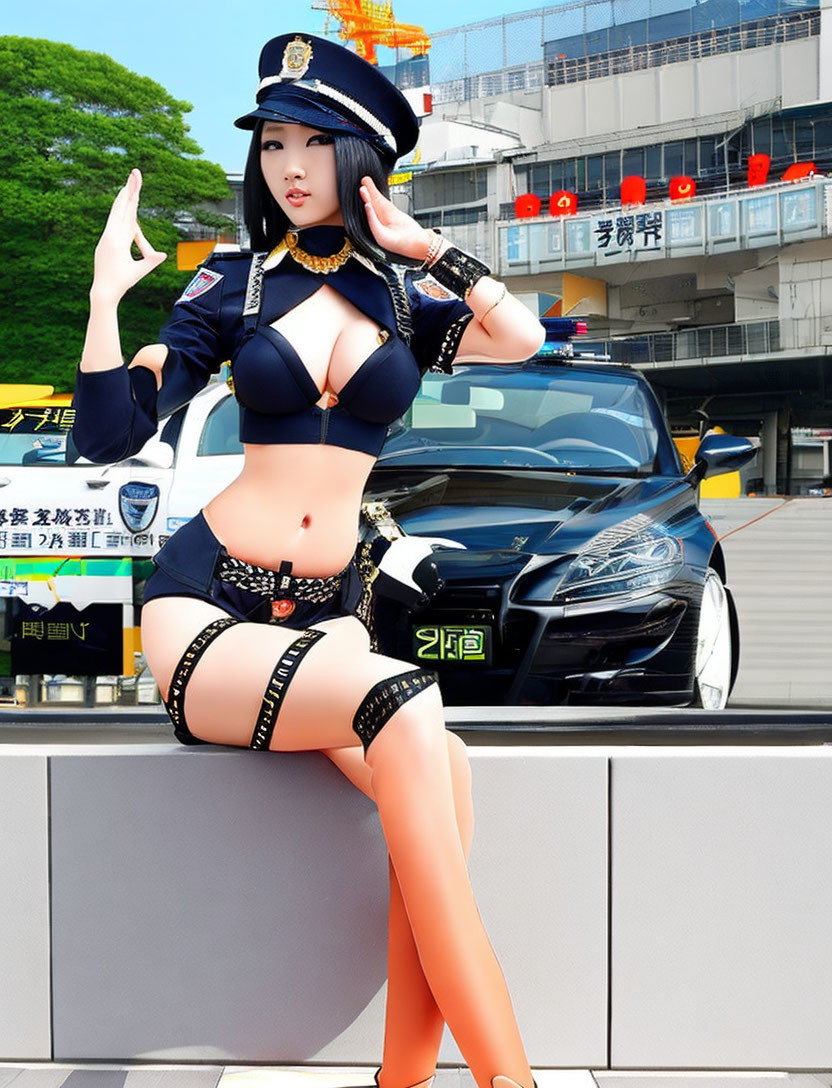 Revealing police-themed costume in urban setting