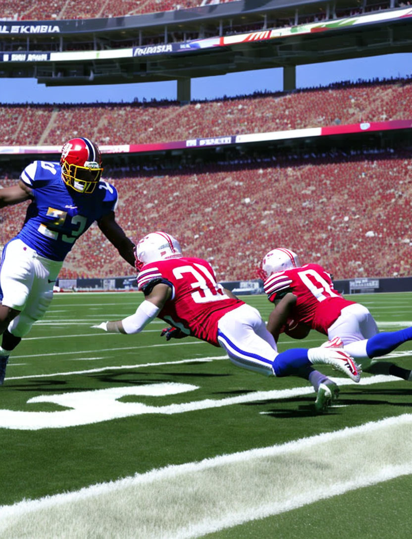 Football players in blue and red jerseys in action on the field with stadium background