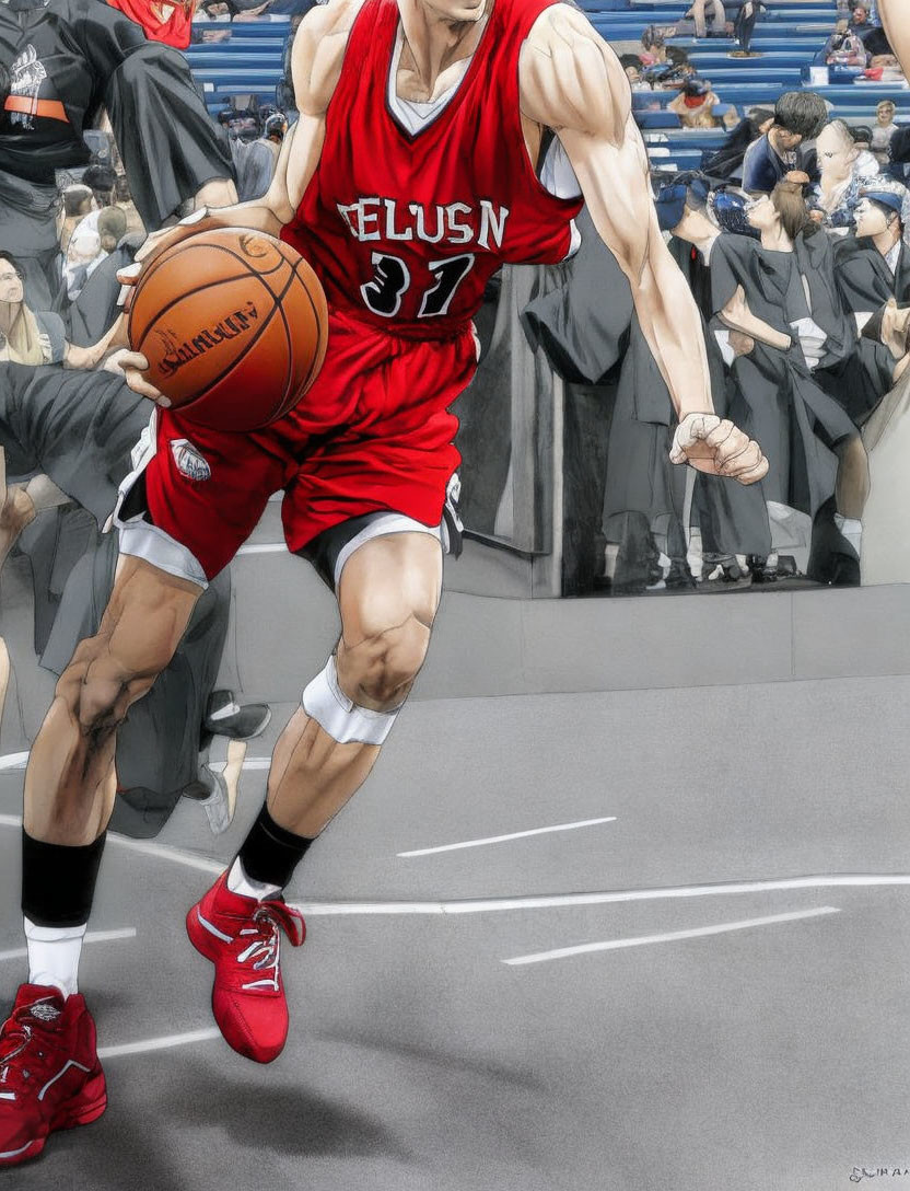 Detailed illustration: Basketball player in red jersey, number 37, dribbling past defender on court