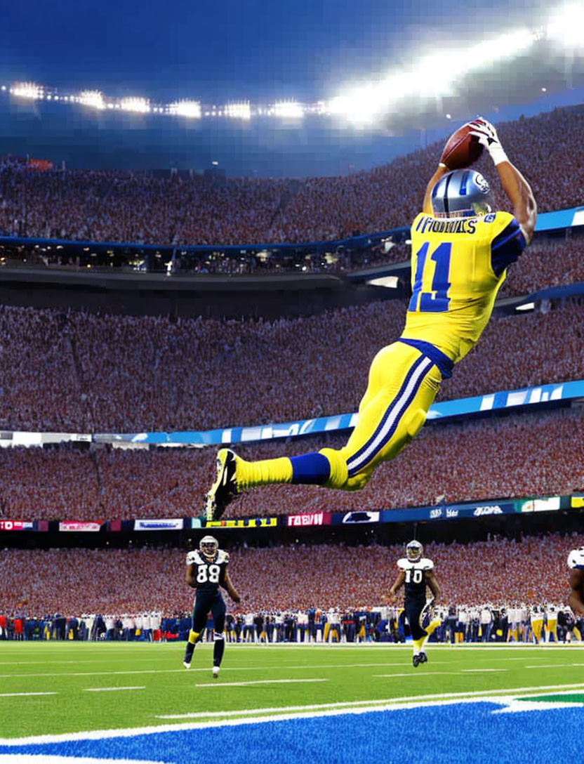 Athlete in Blue and Yellow Uniform Leaping to Catch Football