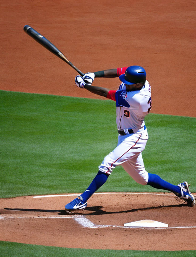 Baseball player in blue and red uniform swinging bat on sunny day.