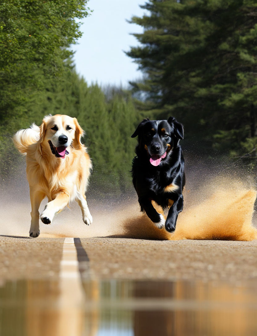 Golden retriever and black Labrador running on dirt road near forest puddle