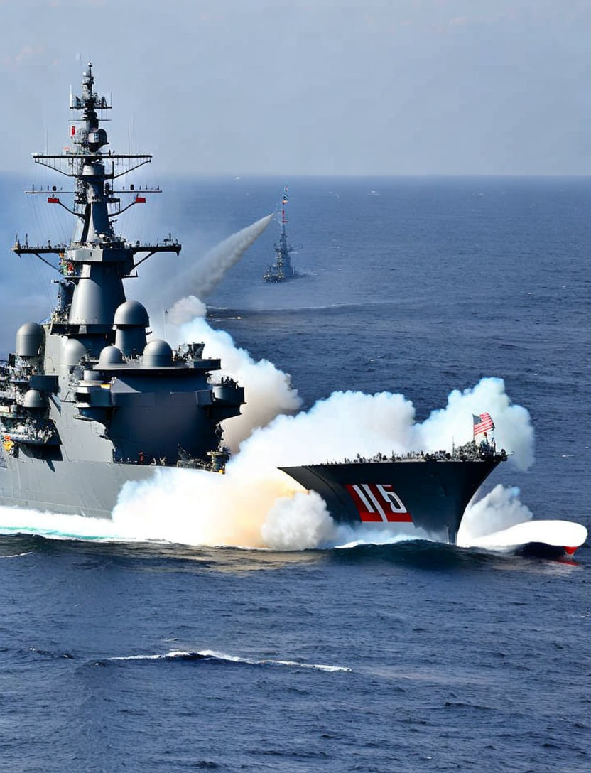 Large navy battleship "119" maneuvers in ocean with smoke plumes, flanked by another naval