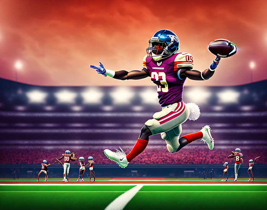 Football player in red and white uniform leaps for catch on colorful field at sunset