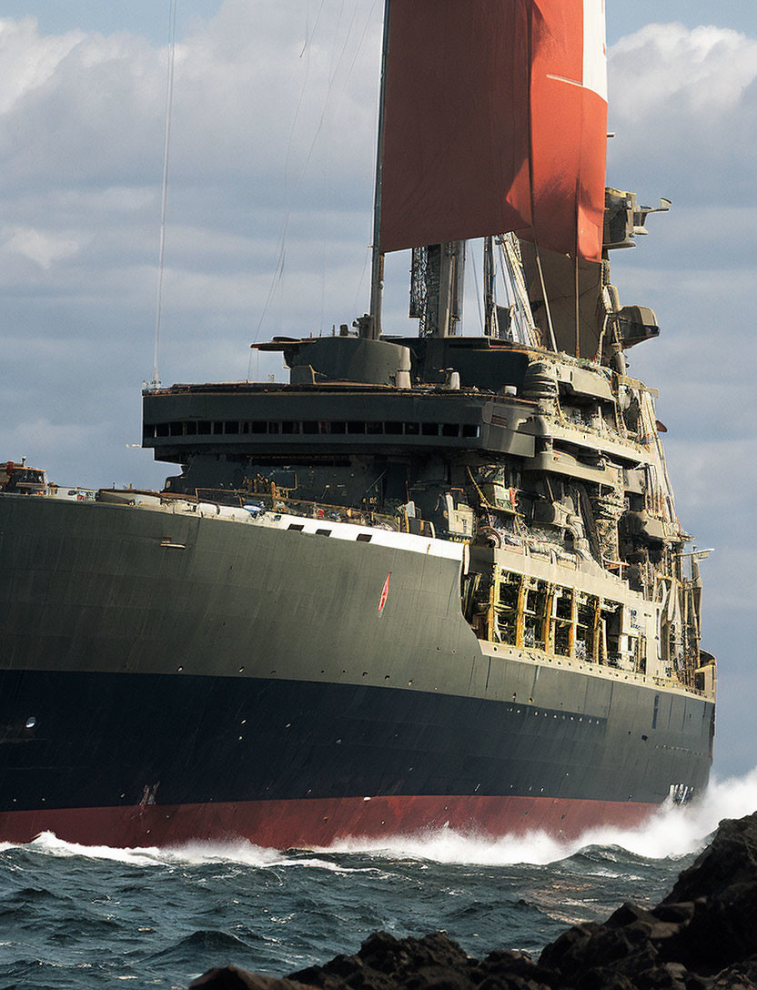 Large ship tilting in ocean near rocky shores under cloudy sky