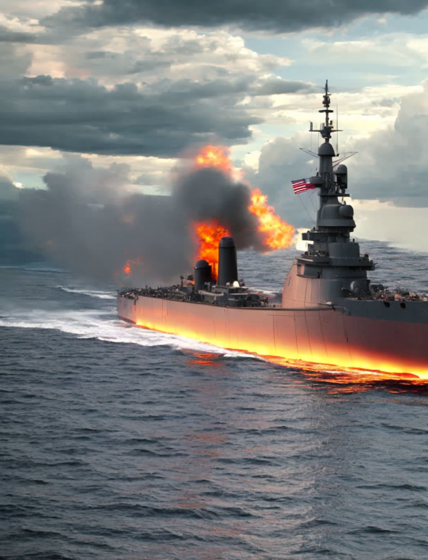 Naval warship at sea engulfed in flames and smoke