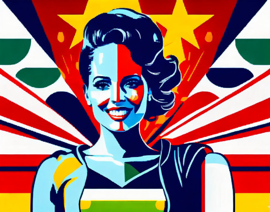 Colorful Pop Art Style Portrait of Smiling Woman