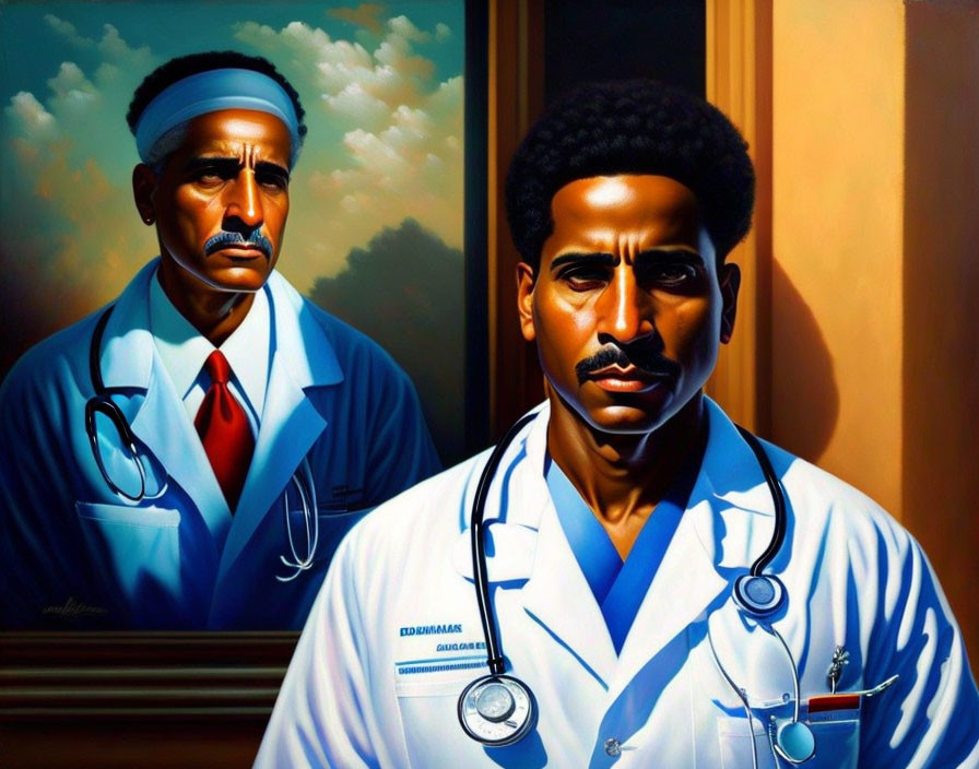 Two African-American male doctors in white coats with stethoscopes in a vibrant painting