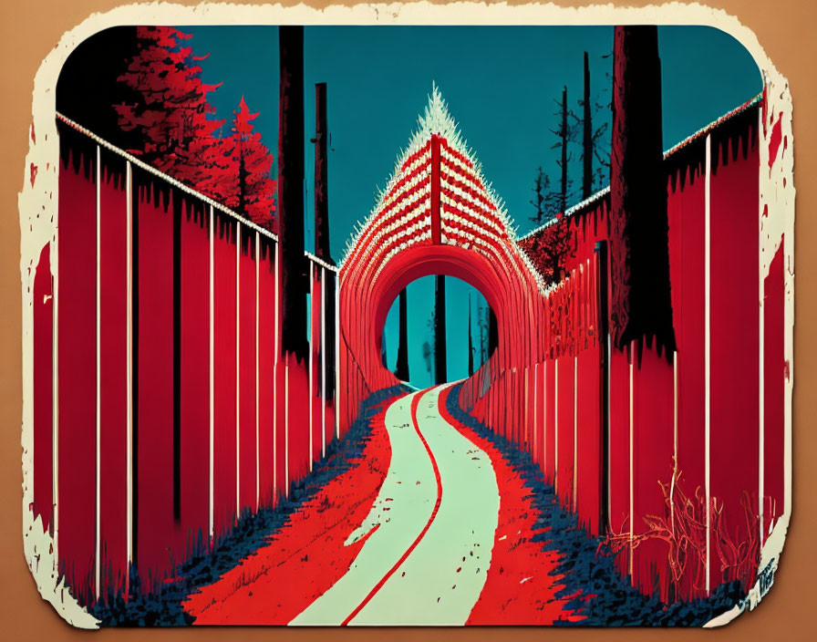 Red and White Tunnel Illustration with Arch Pattern and Red Trees