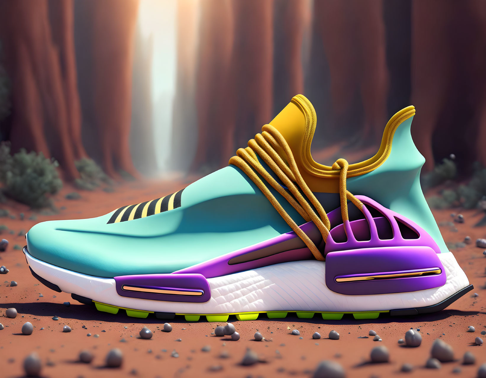 Pastel Blue Sneaker with Purple Accents on Surreal Desert Background