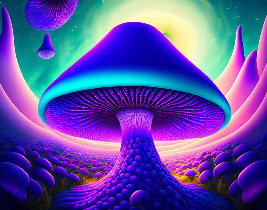 Surreal neon-lit landscape with oversized mushrooms