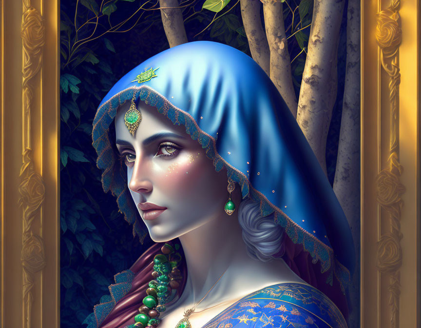 Fantastical digital artwork: Woman with blue starry headscarf, intricate jewelry, forest backdrop