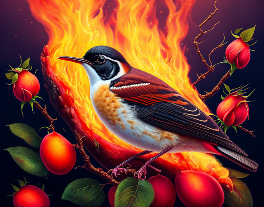 Colorful digital artwork: Bird with intricate plumage on branch, fiery patterns, red fruit, dark