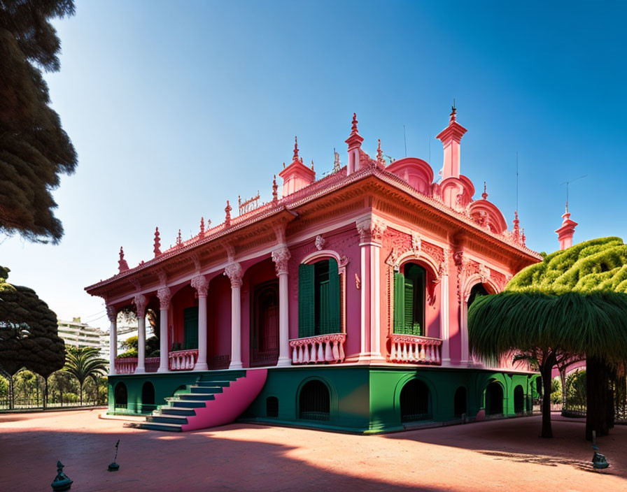 Colonial-style Building with Pink and Green Colors Amidst Lush Gardens