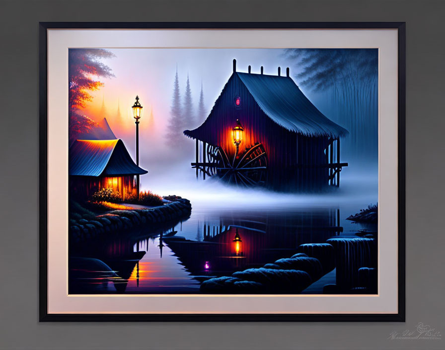 Digital art: Serene twilight scene with traditional houses, lake reflection, and tranquil forest.