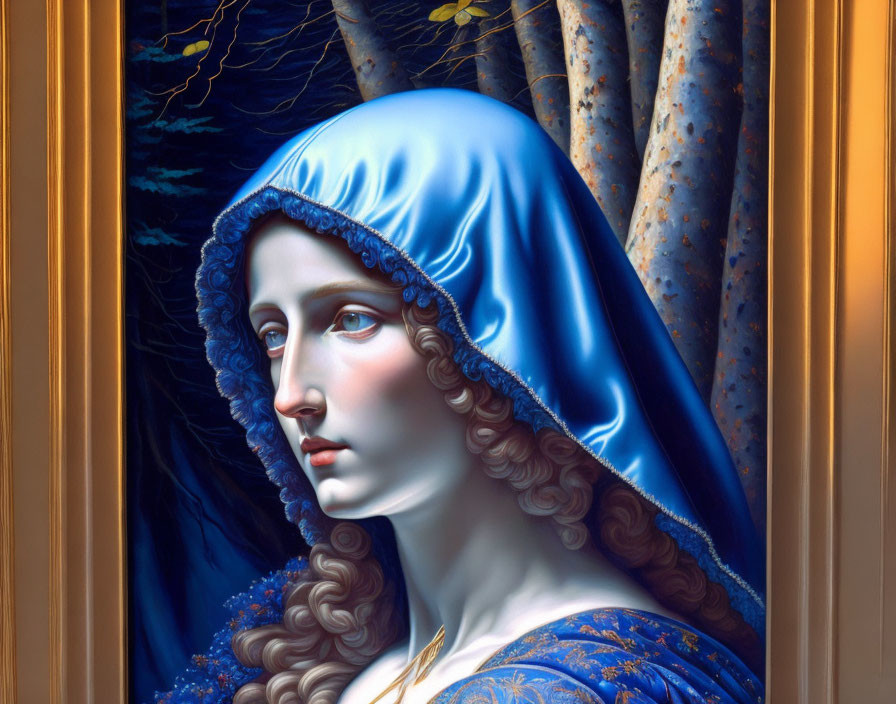 Hyperrealistic Painting of Woman with Blue Headscarf and Sorrowful Expression