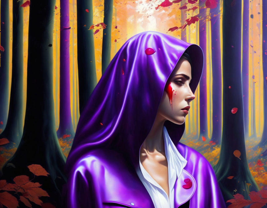 Woman in purple cloak in autumn forest with falling leaves