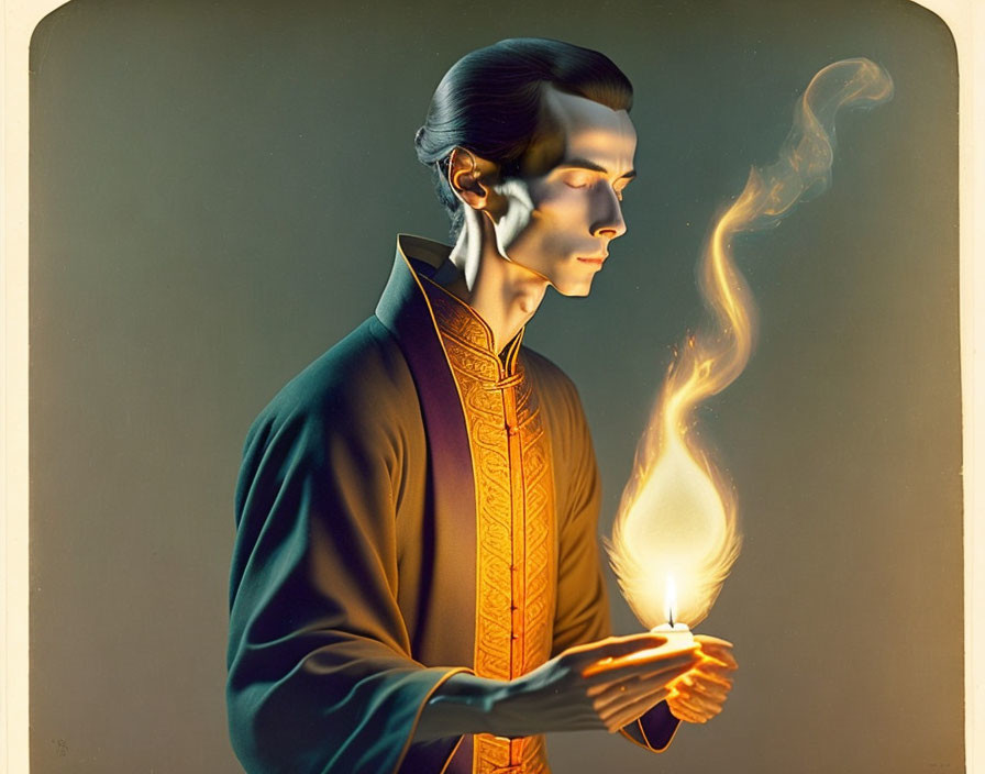 Artistic portrait of man in traditional attire with smoke and flame hands