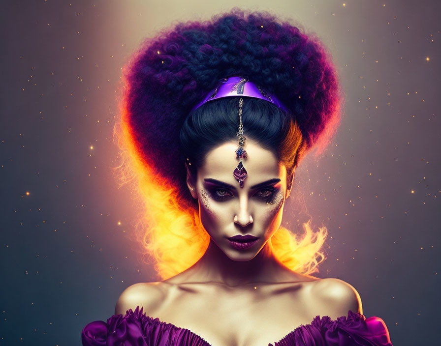 Woman with Dramatic Makeup and Purple Afro Hairstyle in Mystical Setting