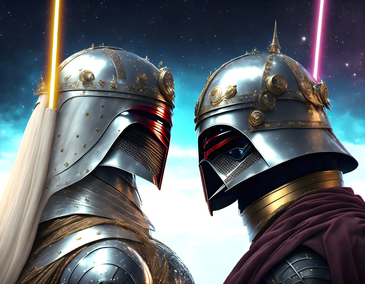 Two knights in ornate armor with yellow and purple swords under a starry sky.