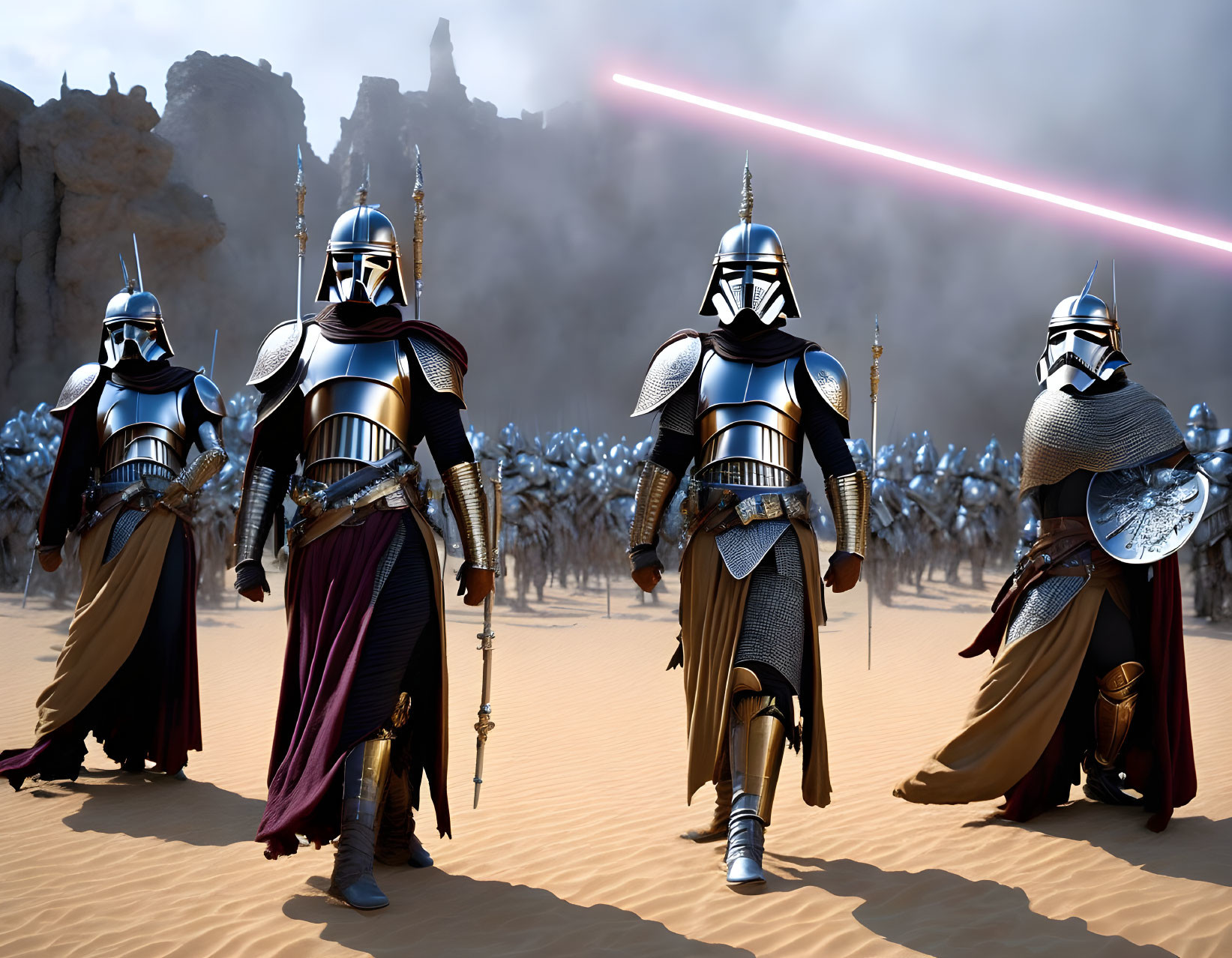 Armored figures with capes in desert with army and red beam in the sky