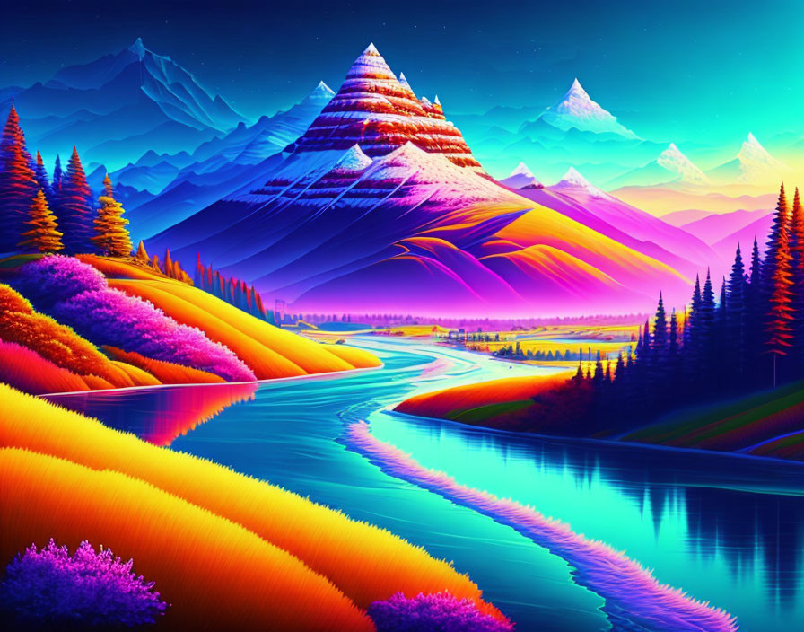 Surreal neon landscape with glowing trees, river, and mountains