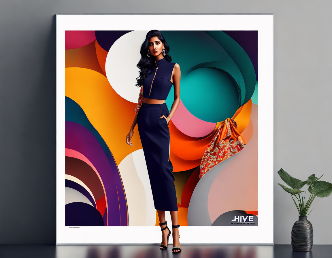 Abstract colorful background with woman in chic attire and plant on grey wall