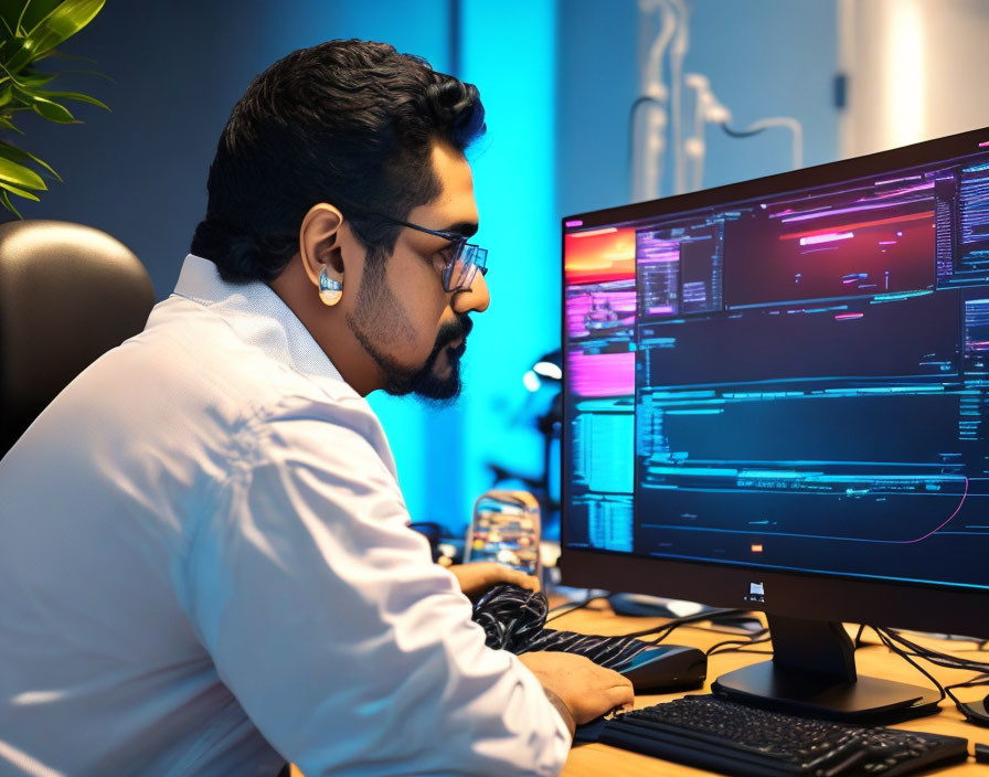 Man working at desk with dual monitors displaying code in blue-lit room