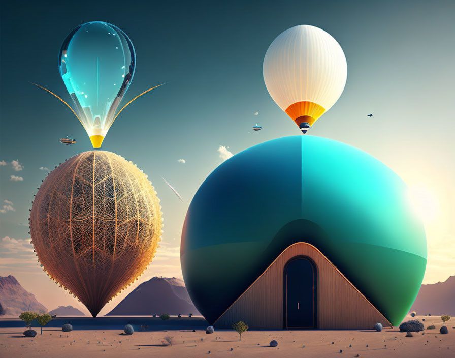 Surreal landscape with giant glass structure, hot air balloons, and sphere door