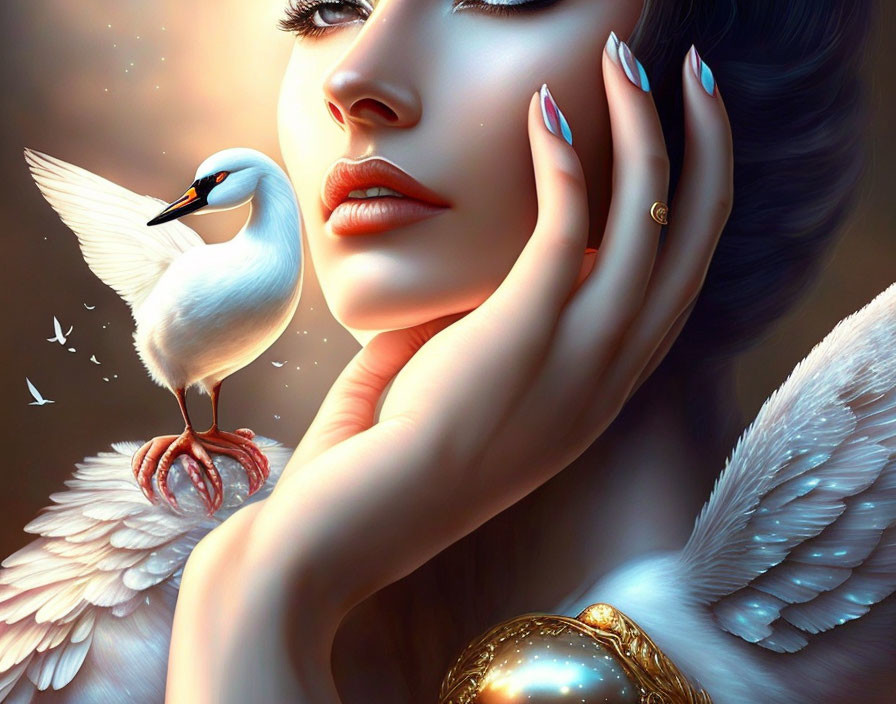 Digital Artwork: Woman with Angel Wings and Seagull in Surreal Setting