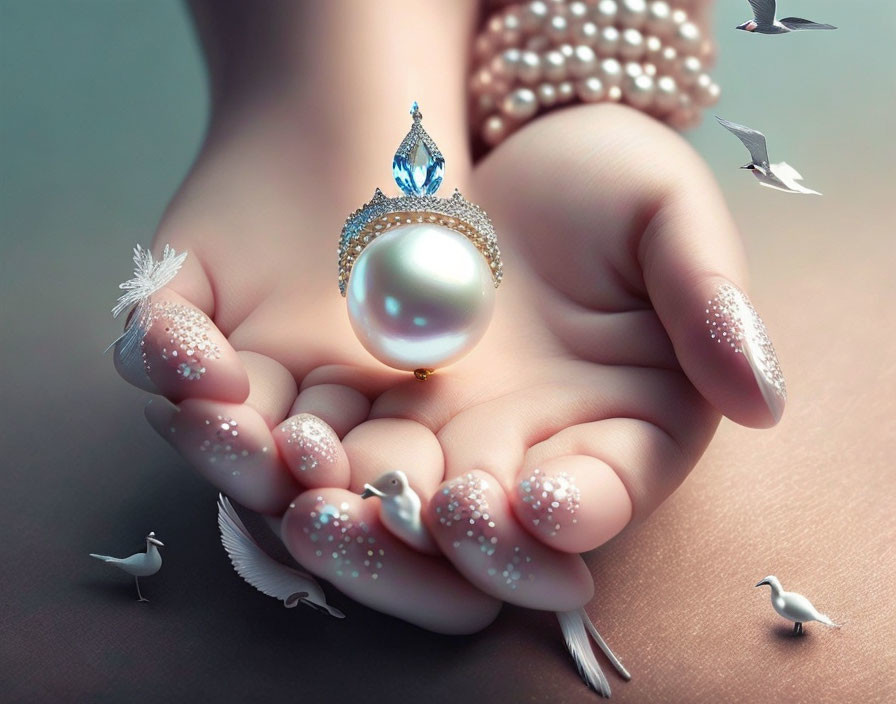 Hand Holding Large Pearl with Crown Surrounded by Birds in Whimsical Art